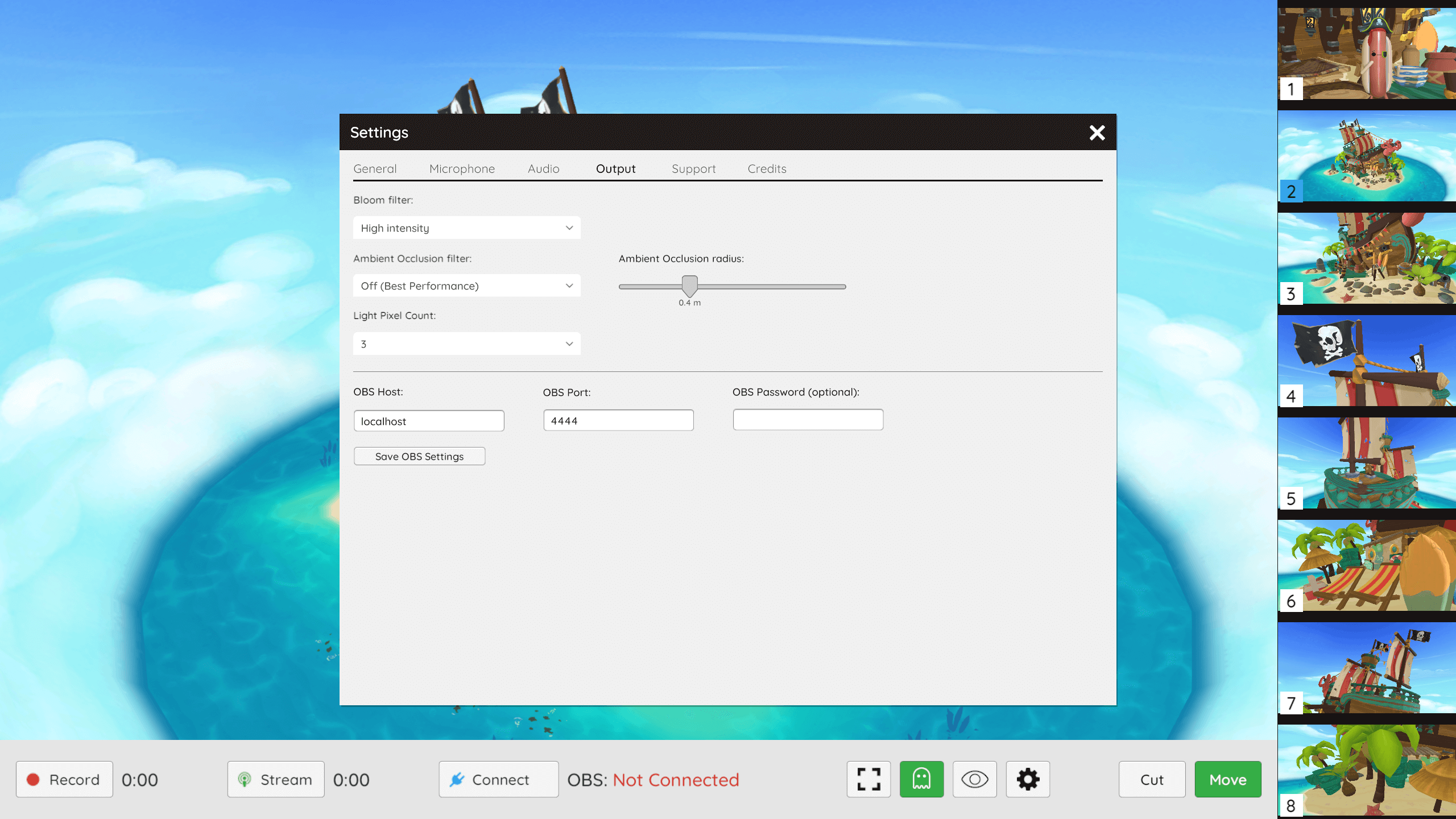 Output settings window